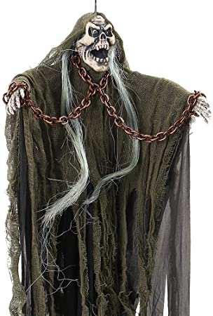 bottlewise Halloween Hanging Ghost Decorations Props Skeleton Scary Voice Sound Control Light Up Eyes with Shackles Chains for Haunted House Indoor Outdoor Party Decoration White (Green)