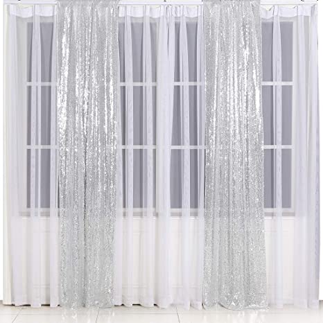 Eternal Beauty 2 PCS Sequin Curtains Silver Sequin Wedding Curtain Backdrop for Christmas Party, Birthday (Silver 2FTx8FT)