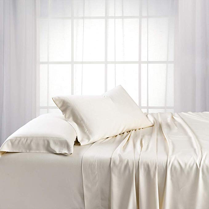 Royal Tradition Exquisitely Lavish Body Temperature-Regulated Bedding, 60% Bamboo Viscose/ 40% Plush Cotton, 300 Thread Count, 4 Piece Queen Size Deep Pocket Silky Soft Sheet Set, Ivory