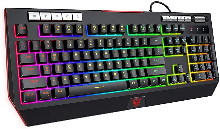 PICTEK Gaming Keyboard with Phone Holder and Volume Wheel,【2020 RGB Enhanced】Customizable RGB Backlit Wired Keyboard with Quiet Silent Key, 9 Dedicated Media Keys, Splash-Proof, For Mac/PC Game, black