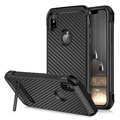 iPhone Xs Max Case, DUEDUE Shockproof 2 in 1 Case, Kickstand Carbon Fiber Texture Slim Hybrid Hard PC Cover PU Leather TPU Bumper Full Body Protective Case for iPhone Xs Max/6.5'' for Men/Boys,Black