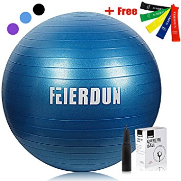 FEIERDUN Exercise Ball Thick Anti-Burst Yoga Stability Ball （55cm 65cm 75cm）Supporting 2200lbs INCLUDED FIVE LOOP RESISTANCE BANDS for Workout, Fitness, Balance, Use for a Work Chair