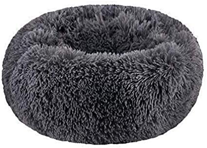 Long Plush Comfy Calming & Self-Warming Bed for Cat & Dog, Anti Anxiety, Furry, Soothing, Fluffy, Washable, Abbyspace, Marshmellow Pet Donut Bed (XXL(45''D×9''H), Dark Grey)
