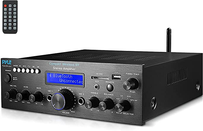 Compact Bluetooth Stereo Amplifier - 200 Watt Desktop Audio Power Amp Receiver with FM Radio, MP3/USB/SD Readers, Digital LCD Display, Microphone Input - Pyle PDA612BU