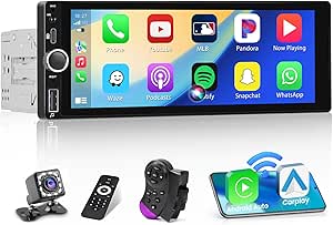 Hikity 6.9-Inch Apple CarPlay Single Din Car Stereo Receiver, Touchscreen Bluetooth Car Radio with Wireless Android Auto Mirror Link FM Car Audio Receiver USB AUX Rear View Camera