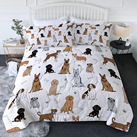 BlessLiving Dog Puppy Comforter Set Different Breeds of Pet Bones Paw Bedding Sets Full/Queen with Comforter 3 Piece Cute Animal Lover Bedspread Brown, Tan and White