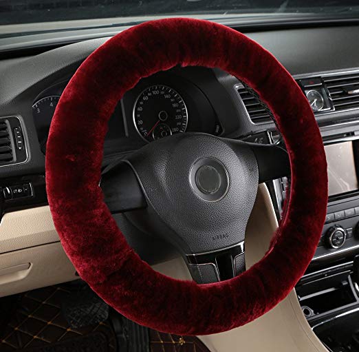 Bellesie Universal Warm Winter Genuine Wool Sheepskin Car Steering Wheel Cover Cushion Protector for 35cm-43cm Steering Wheel in Diameter (Wine Red)