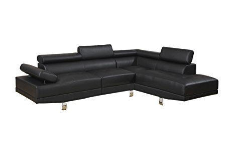 Poundex Bobkona Atlantic Faux Leather 2-Piece Sectional Sofa with Functional Armrest and Back Support, Black