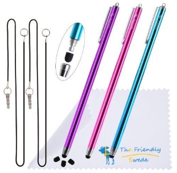 The Friendly Swede Extra Long - Bundle of 3 Premium XXL Thin-Tip High Precision Universal Capacitive Stylus Pens 7.3''   Extra 3 Replaceable Tips   2 x 15'' Elastic Tether Lanyards   Cleaning Cloth in Retail Packaging (Hot Pink   Purple   Aqua Blue)