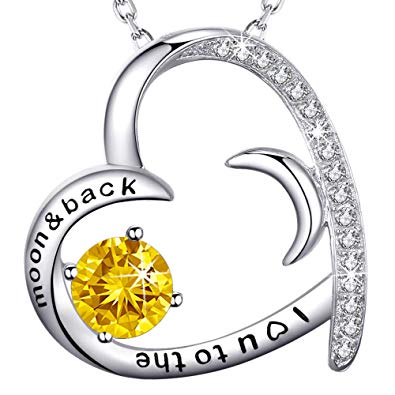 Sterling Silver Half Moon Sun and Heart Citrine Swarovski Pendant Necklace Gifts for Her, 18" 2" Chain