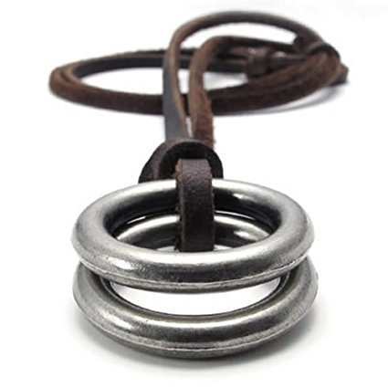 Konov Jewelry Unisex Mens Vintage Style Double Ring Pendant Adjustable Genuine Leather Necklace Chain, Brown Silver, with Gift Bag, C21853