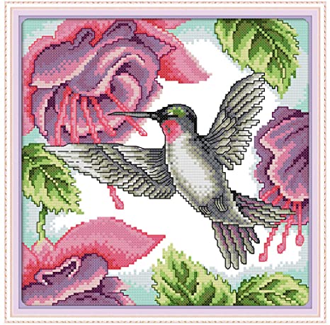 XSHION Stamped Cross Stitch Kits, Cross-Stitching Pattern for Home Wall Decor, 11CT 3 Strands Embroidery Crafts Needlepoint Kits for Beginner Kids Adults,13.77 x 13.77 Inch Frameless- Hummingbird