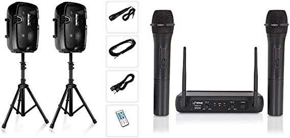 Powered PA Speaker System Active & Passive Bluetooth Loudspeakers Kit with 8 Inch Speakers & Channel Microphone System-VHF Fixed Dual Frequency Wireless Set with 2 Handheld Dynamic Transmitter Mics