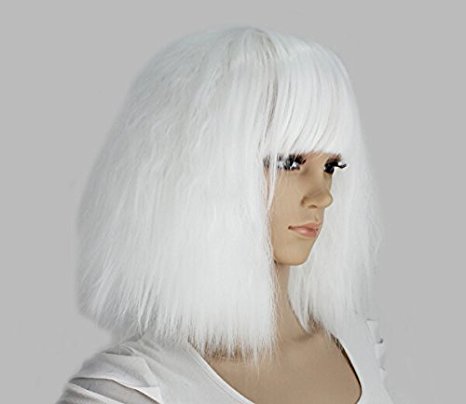 eNilecor Short Fluffy Bob Kinky Straight Hair Wigs with Bangs Synthetic Heat Resistant Women Fashion Hairstyles Custom Cosplay Party Wigs   Wig Cap(White)
