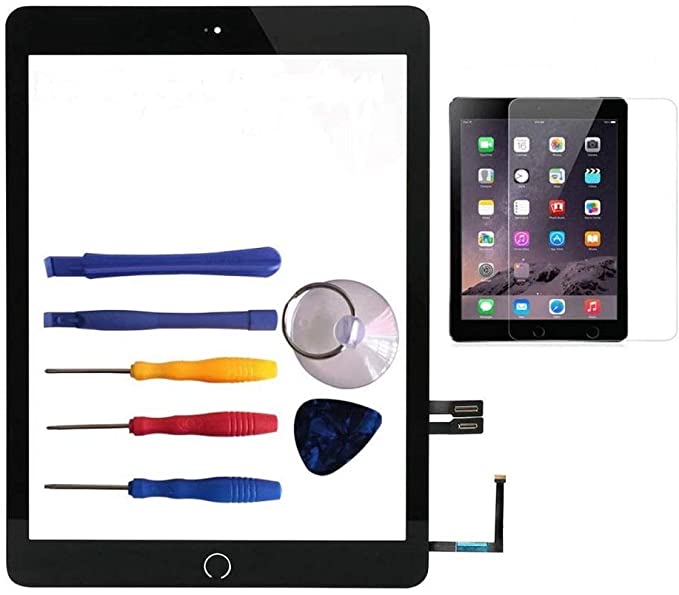 for 2018 iPad 6 Glass Touch Screen Digitizer Replacement Kit Black A1893 A1954 with Home Button Flex, Adhesive Tape, Screen Protector, Instruction Manual，and Repair Toolkit