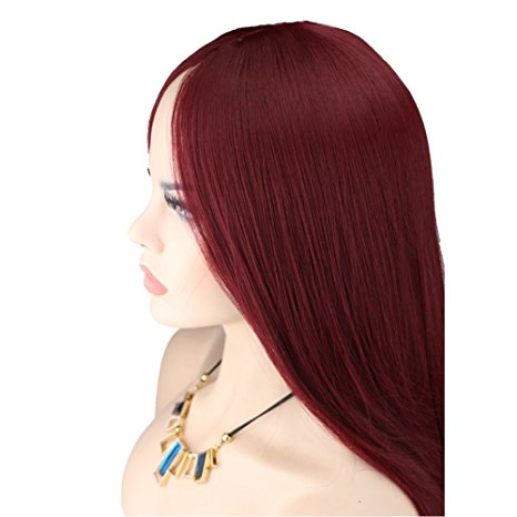 Kalyss Women's Long Straight Wine Red Mid-split Bangs Heat-resistance Kanekalon Full Hair Wig