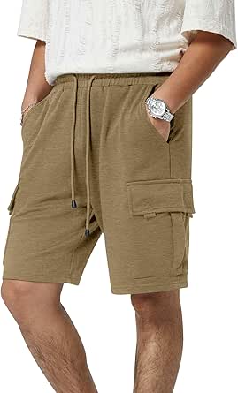 Mens Casual Sweat Cargo Cotton Shorts Drawstring Elastic Waist Athletic Workout Gym Jogger Shorts with 5 Pockets