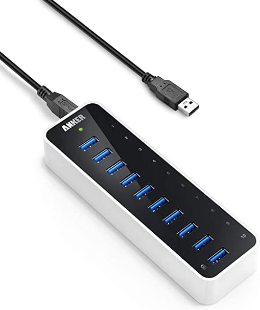 Anker [Upgraded Version] USB 3.0 SuperSpeed 10-Port Hub Including a BC 1.2 Charging Port with 60W (12V / 5A) Power Adapter [VIA VL812-B2 Chipset and Updated Firmware 9081] AH231