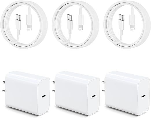 20W USB C Fast Charger 10 FT [MFi Certified] Compatible with iPhone 14 13 12 11 XS XR X 8 iPad, 3 Pack PD Wall Charger Block with 10FT Long Type C Lightning Cable (White)