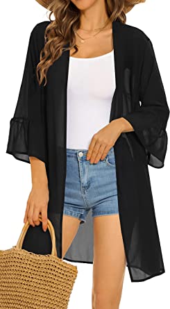 Womens Kimonos for Summer Puff Sleeve Cardigan Casual Loose Fit Beach Cover Ups Resorts Swimwear