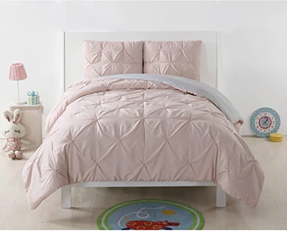 2 Piece Blush/Silver Grey Twin XL Comforter Set, Reversible Bedding, Kids Bedroom Decor, Solid Color Pattern, Super-Soft, Pinch Pleated, Classic Style, All-Season, Machine Wash, Pink/Cloud, Polyester