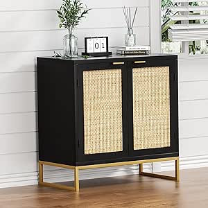 Anmytek Storage Cabinet with 2 Doors for Kitchen, Rattan Sideboard Cabinet Modern Buffet Sideboard Withe Shelf Black, Black Accent Cabinet