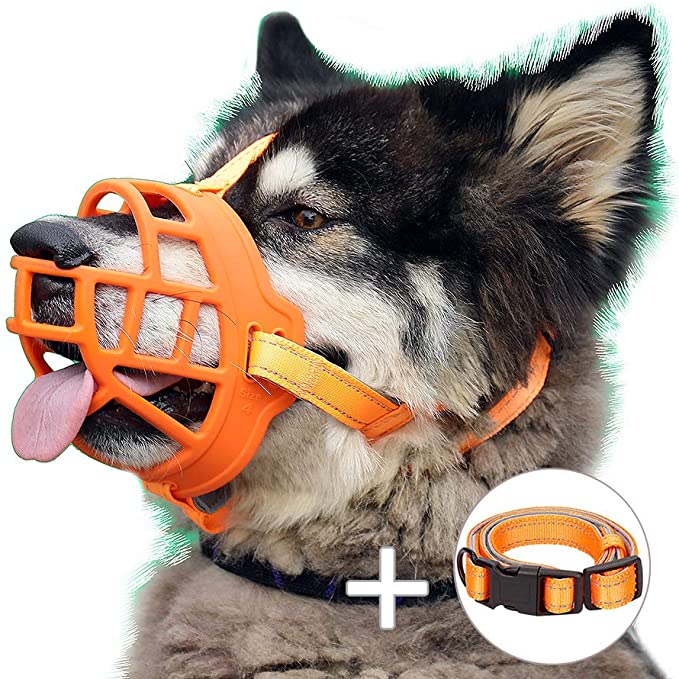 Dog Muzzle, Soft Silicone Basket Muzzle for Dogs, Allows Panting and Drinking, Prevents Unwanted Barking Biting and Chewing, Included Collar and Training Guide