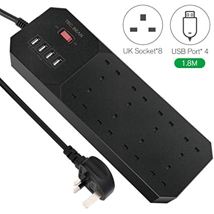 TEC.BEAN 8 Way Power Strip, Extension Cords/Leads with 4 USB Ports, Universal Power Socket Switch Portable Adapter with 1.8m Cable, Overload Protector and Surge Protector.