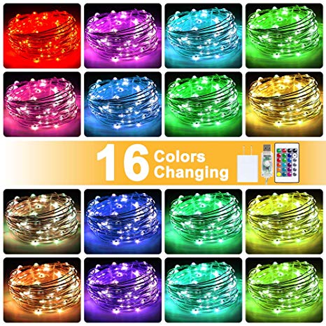 ANJAYLIA 33Ft 100LEDs Fairy Lights USB Powered Plug in 16 Color Changing String Lights with Remote Adapter Twinkle Firefly Lights for Bedroom Party Wedding Christmas Tapestry, Multicolor Colors