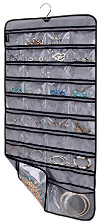 MISSLO Hanging Jewelry Organizer Rotating Hanger Dual Sides 76 Pockets Accessories Storage Holding Jewellery(Grey)