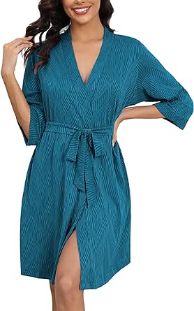 Ekouaer Robes for Women Ribbed Knit Bathrobe Soft Knee Length Kimono Robe 3/4 Sleeve Sleepwear with Pockets S-XXL