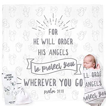 Christian Baby Swaddle Bible Quote Blanket and Cap Gift Set. Integrated Card, with Welcoming Prayer. For Christening, Baptism, Shower, Sentimental Receiving Blanket, Boy / Girl. Gift Card Not Required