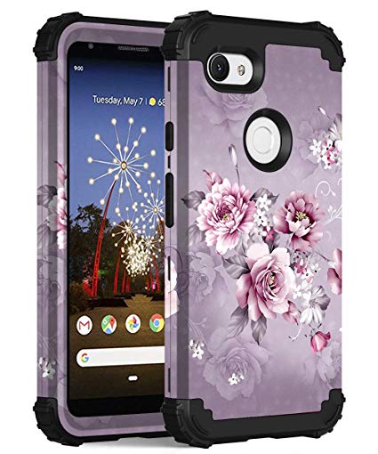 Hocase Pixel 3a Case, Heavy Duty Shockproof Protection Hard Plastic Soft Silicone Rubber Bumper Protective Case for Google Pixel 3a (2019) with 5.6-inch Display - Light Purple Flowers