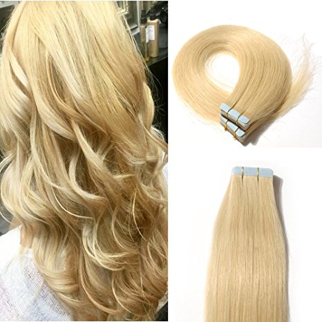 16" 40pcs100g Remy Tape in Hair Extensions Human Hair 613 Bleach Blonde Light Color Long Straight Hair Seamless Skin Weft Invisible Double Sided Tape