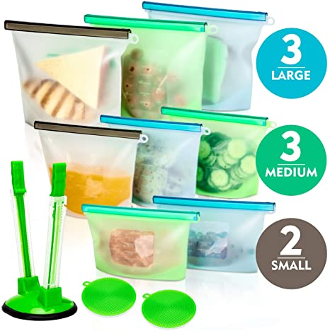 Silicone Bags Reusable Silicone Food Bag (8 Pack) Airtight Seal Food Preservation Bag/Food Grade/Versatile Silicone Bags for Vegetable, Liquid, Snack, Meat, Sandwich