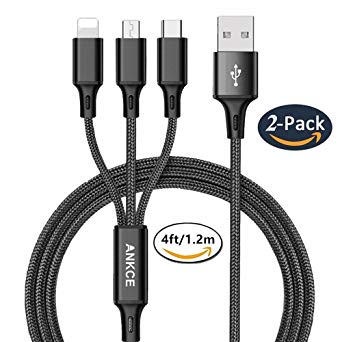2Pack Multi USB Cable Fast Charging,ANKCE 3 in 1 USB Charger Cable,4ft/1.2m Nylon Braided Cords,USB to Type C/Micro/Lightning Plug Connectors for All Device Port Android,Apple,iPhone