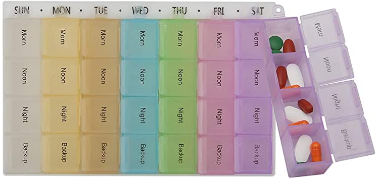 Shintop Weekly Pill Box - Portable 7 Day 28-Cell Tablet Pill Case Weekly Medicine Organizer for Travel/Office (Four Times a Day)