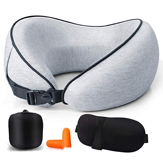 Travel Pillow 100% Pure Memory Foam Neck Travel Pillows, Breathable Cover, Machine Washable, Airplane Travel Kit with 3D Contoured Eye Masks, Earplugs, and Luxury Bag, Standard (Travel Pillow Kit)
