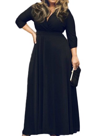 POSESHE Womens Solid V-Neck 34 Sleeve Plus Size Evening Party Maxi Dress