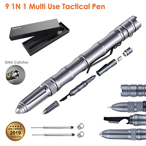 Tactical Pen, 9 IN 1 OUMAX Tactical Pen TP05 with Tungsten Steel Glass Breaker, 1Inch Ruler, DNA Catcher, Scraper, Screwdriver, Bottle Opener, Ballpoint Pen and Flash Light - Grey