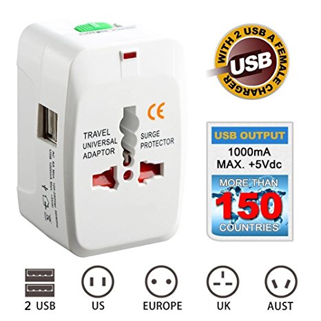 All in One Universal Worldwide Travel Adapter with Built In Dual USB Charger Ports Wall Charger 110-250V Surge/Spike Protected Electrical AC Power AU UK US EU Plug (1PC)