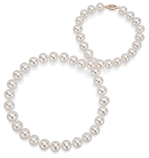 White Freshwater Cultured Pearl Necklace Strand 14K Gold Jewelry Women 18 inch