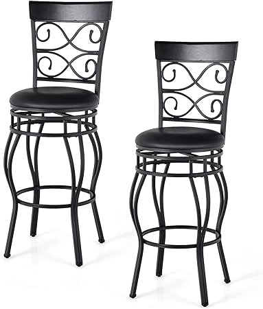 COSTWAY Bar Stools Set of 2, 360 Degree Swivel, 30" Bar Height Bar Stools, Leather Padded Seat Bistro Metal Bar Chairs with Back for Kitchen Island, Pub (Set of 2)