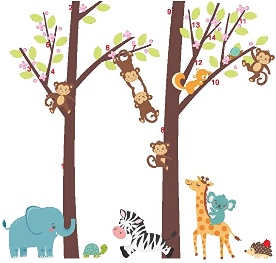 AWAKINK Cartoon Forest Giant Brown Tree Animals Giraffe Elephant Zebra Monkey Wall Stickers Wall Decal Vinyl Removable Art Wall Decals for Girls and Boys Nursery Room Children's Bedroom