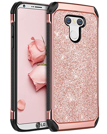 LG G6 Case, LG G6 Phone Case, BENTOBEN Luxury Glitter Sparkly Bling Slim 2 in 1 Hybrid Hard PC Cover Flexible TPU Laminated Shiny Faux Leather Chrome Shockproof Protective Cover for LG G6(2017), Rose Gold