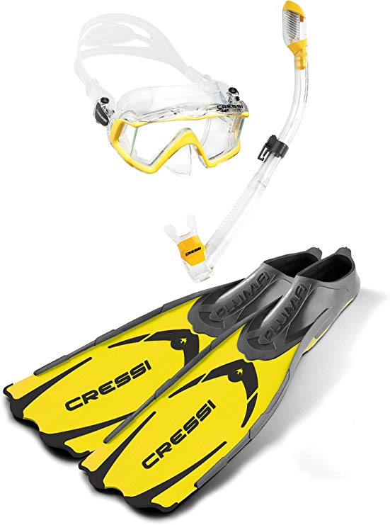 Cressi Adult Snorkeling Diving Set | Lightweight, High-Performance Fins, Wide View Silicone Mask, Dry Snorkel | Pluma Pano 3 Dry Set: Designed in Italy