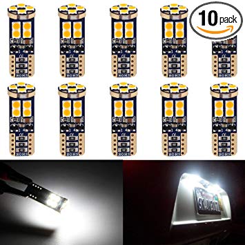 JAVR - Pack of 10 - Extremely Bright White 350Lums Non-Polarity 9V-18V Canbus Error Free T10 194 168 2825 W5W 3030 Chipsets LED Bulbs For Side Marker Lights Interior Map Dome Light License Plate Bulb