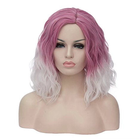 BUFASHION Short Bob Ombre Pink Wavy Glueless Synthetic Hair Wig Heat Resistant Middle Parting