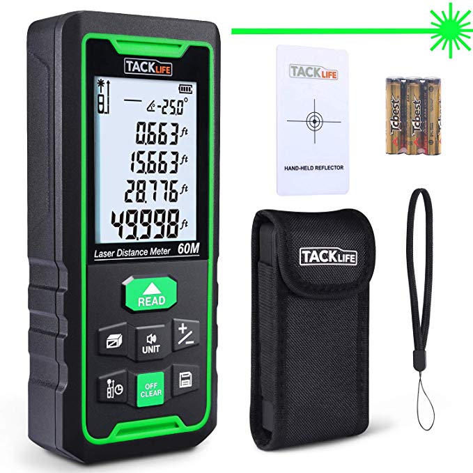 Laser Measure 196Ft M/In/Ft Green Beam Laser Distance Meter with Angle Sensor, Backlit LCD and Pythagorean Mode, Measure Distance, Area and Volume, Portable Bag - Indoors & Outdoors - S4-60