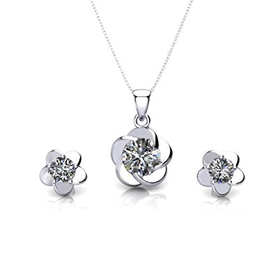ONECK Jewellery Set 925 Sterling Silver 5A Cubic Zirconia Plum Blossom Flower Crystal Silver Necklace Earrings Set for Women with Exquisite Jewellery Gift Box